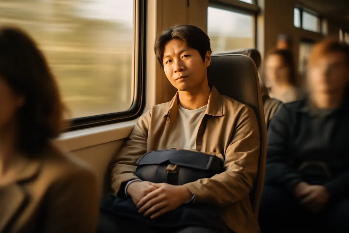 Person asleep upright on a commuter train with a bag on their lap and daylight past the window