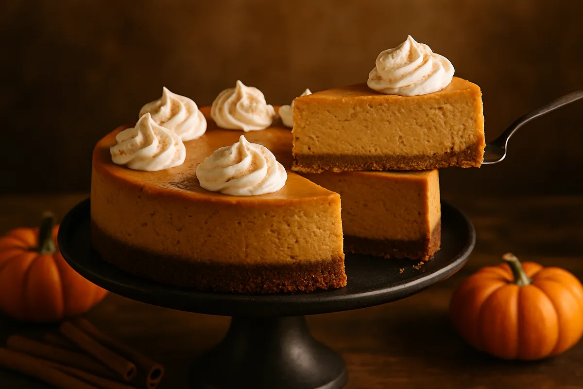 Pumpkin cheesecake with one wedge lifted showing a dense orange interior over a crumb base