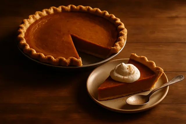 Whole pumpkin pie with crimped crust on a wooden table with one slice lifted onto a plate