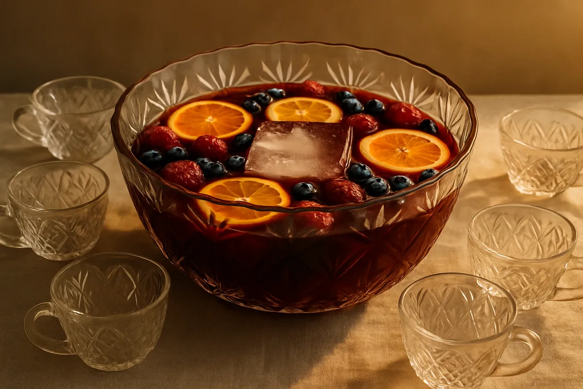 Glass punch bowl of red fruit punch with citrus wheels and cups arranged on a linen cloth