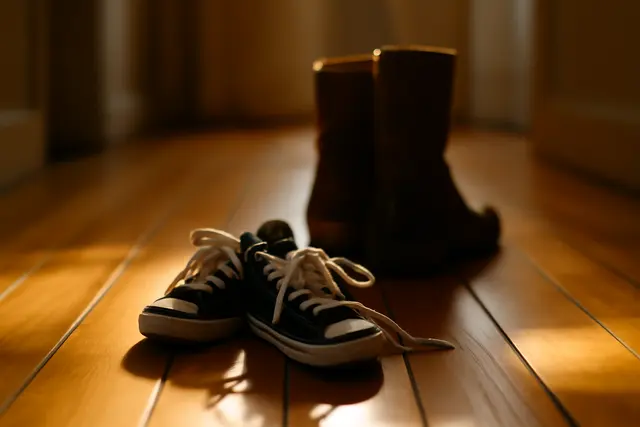 Child's sneakers with half-tied laces on a hallway floor beside adult boots