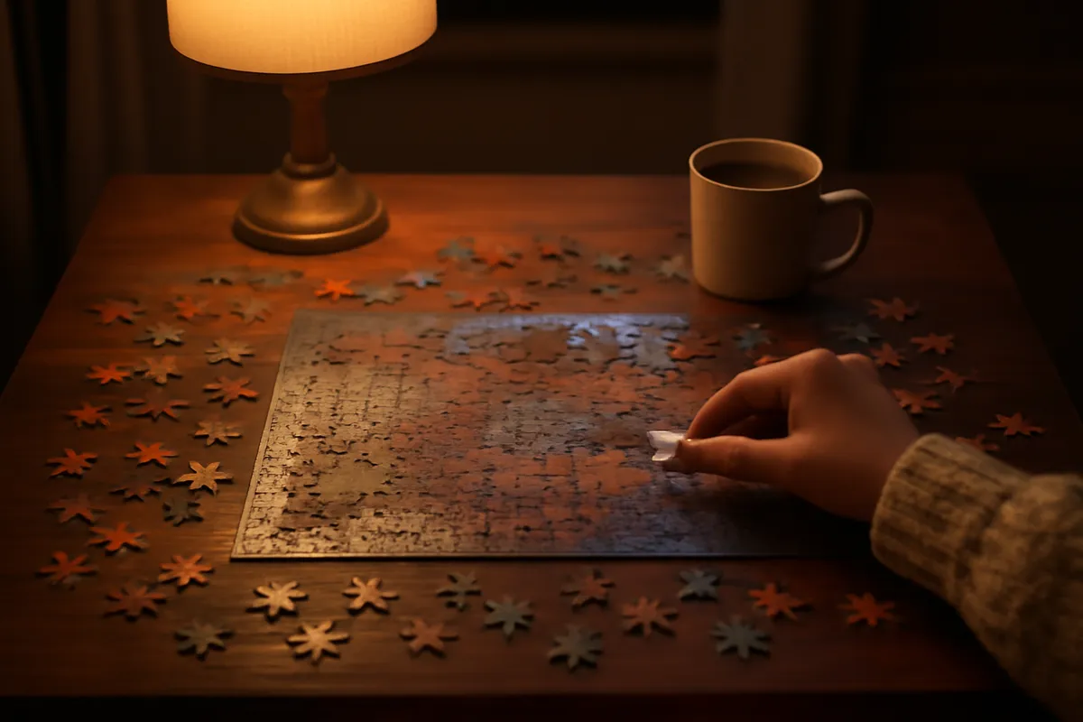 Partly completed jigsaw puzzle on a wooden table under warm lamplight with a mug of tea