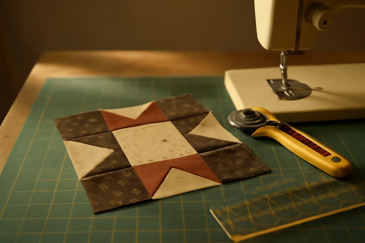 Fabric pieces arranged into a partly assembled quilt block beside a rotary cutter and ruler