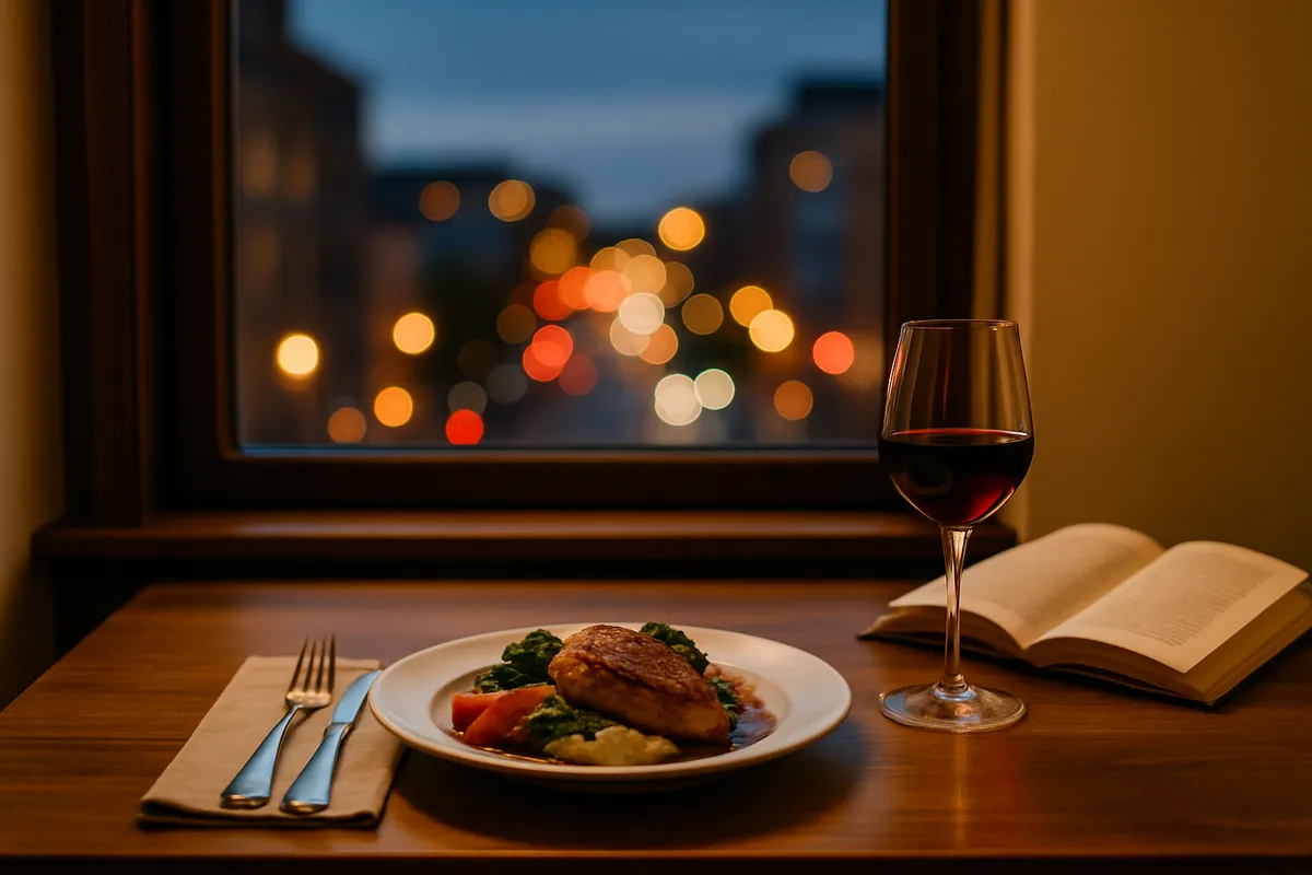 Carefully set table for one by a window with a plated meal, wine and a propped-open book