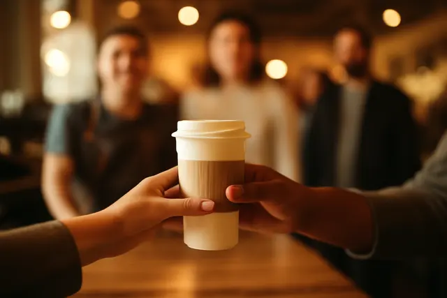A hand passing a coffee cup across a counter to a stranger with a queue blurred behind