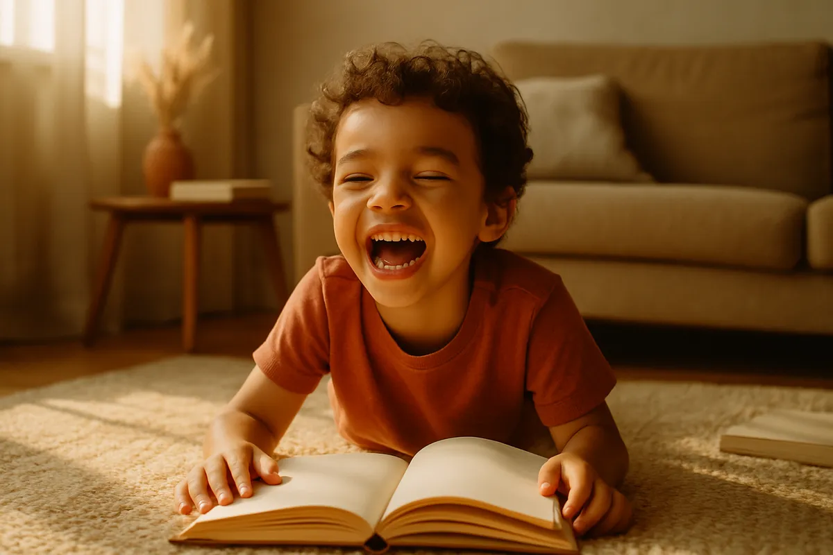 Child lying on a rug laughing while reading an open book