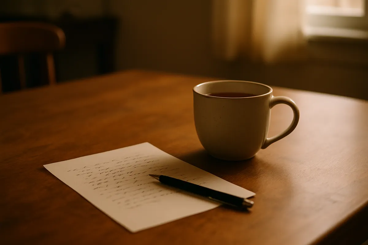 Unfinished handwritten letter and pen on a kitchen table beside a cup of tea