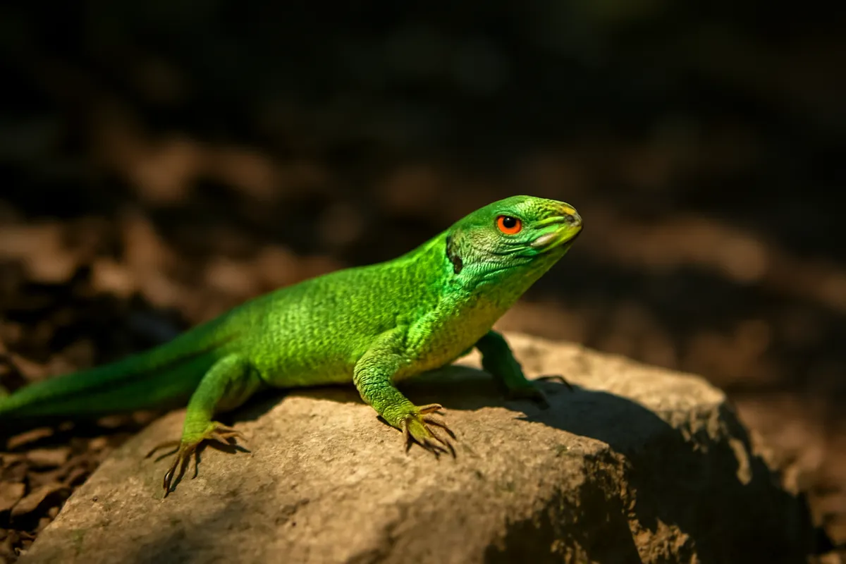 Green lizard basking on a warm rock in dappled sunlight with detailed scales in focus