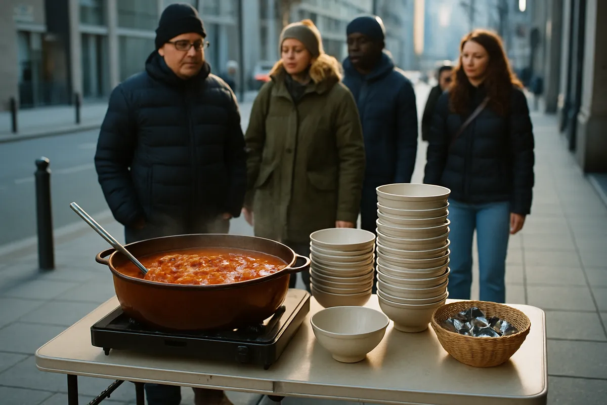Makeshift pavement food stall with a pot of stew, stacked bowls and a short queue