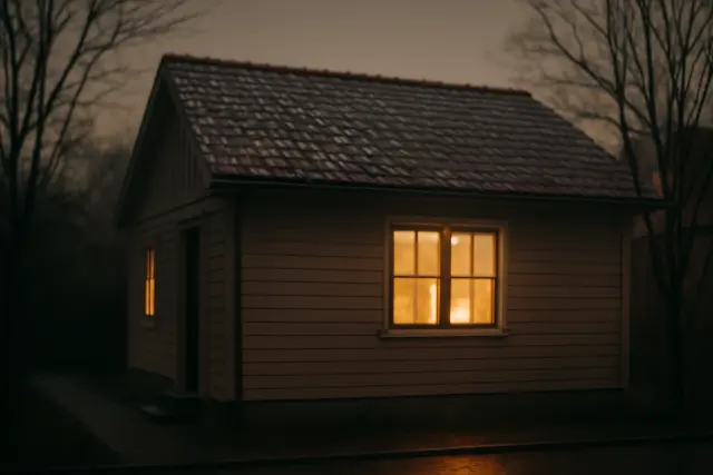 Modest house at dusk with warm lit windows and rain on the roof tiles