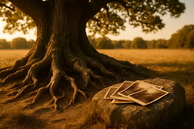A gnarled old oak tree with exposed roots in a sunlit field