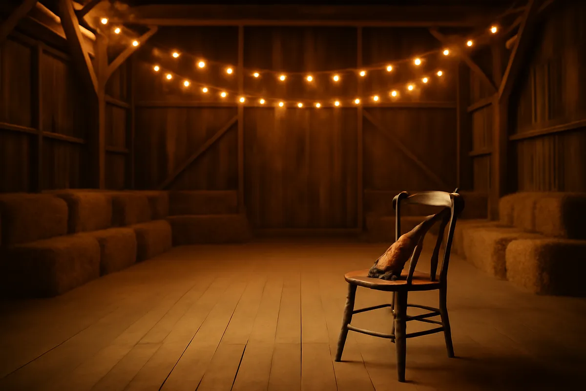 Rustic barn dance interior with string lights, hay bales and a fiddle resting on a chair