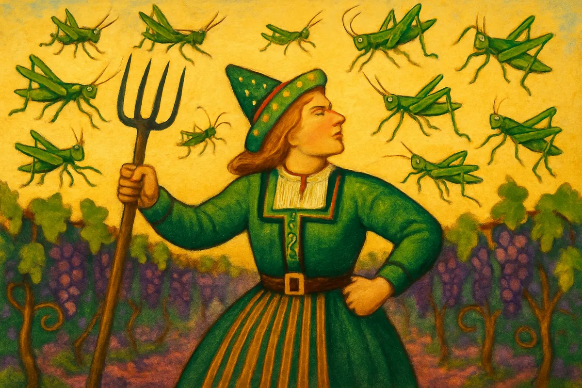 A folk-art figure with a pitchfork facing a swarm of grasshoppers in a vineyard