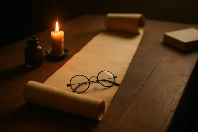 Long paper scroll unrolled on a wooden desk beside an inkwell, candle and spectacles