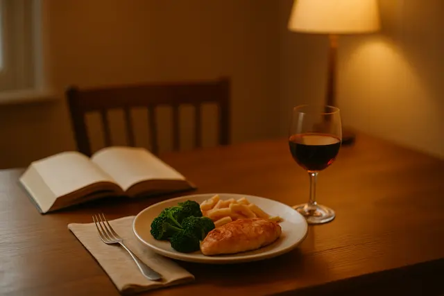 One place set at a kitchen table with a meal, a propped-open book and a glass of wine