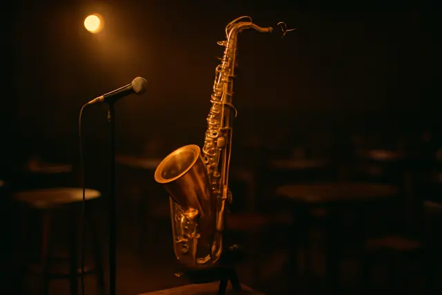 Brass alto saxophone on a stand in a dim club with stage light catching the keys and bell
