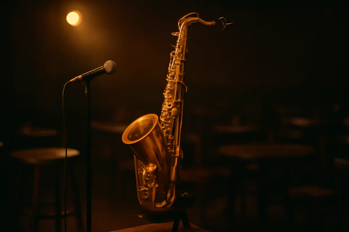 Brass alto saxophone on a stand in a dim club with stage light catching the keys and bell