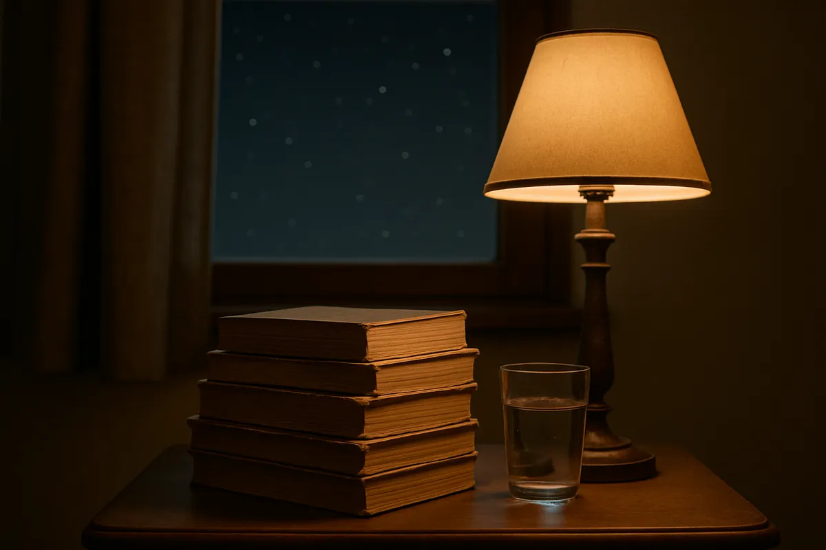 Stack of worn paperback novels on a bedside table beside a lamp and a starry window