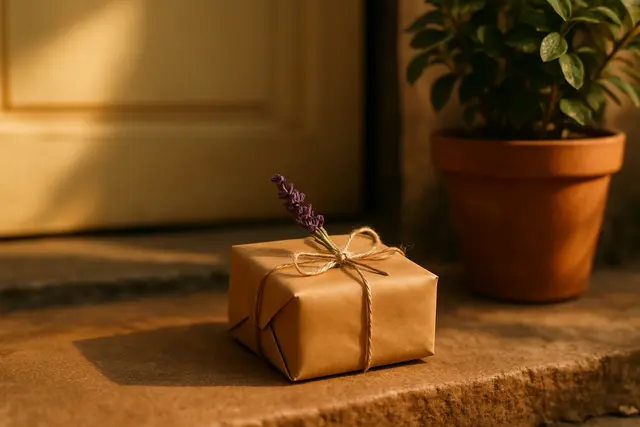 A small paper parcel tied with twine left on a doorstep beside a potted plant
