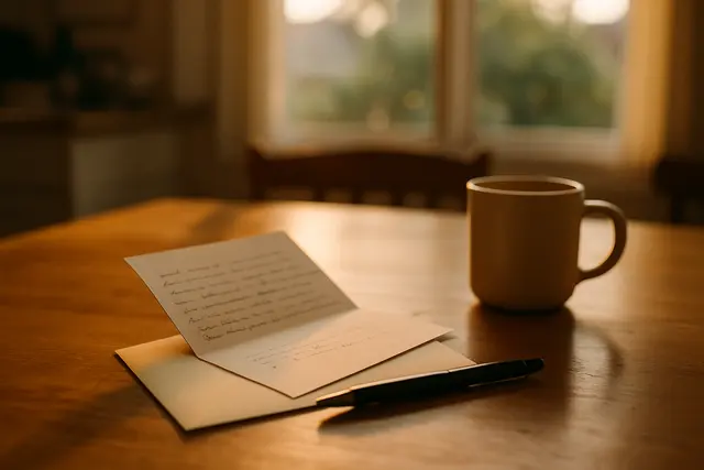 Handwritten card and addressed envelope on a kitchen table with a pen and mug