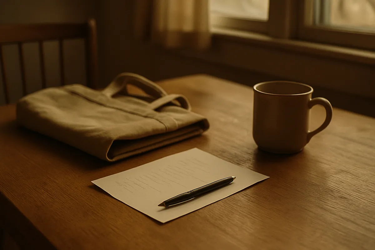 Kitchen table with a handwritten list under a pen, a folded tote bag and a mug