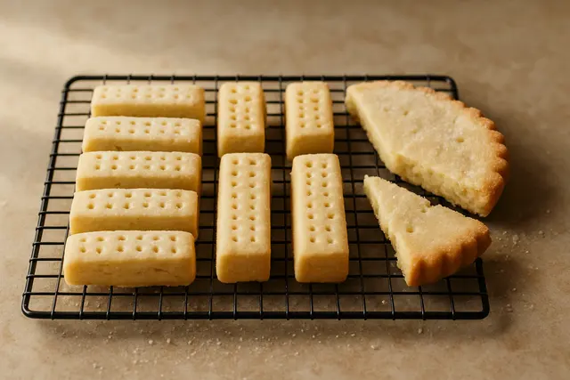 Pale shortbread fingers with fork-prick marks on a wire rack beside a broken round