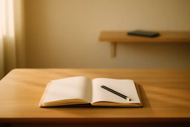 Desk with one open notebook and a pen, everything else cleared, phone face down across the room