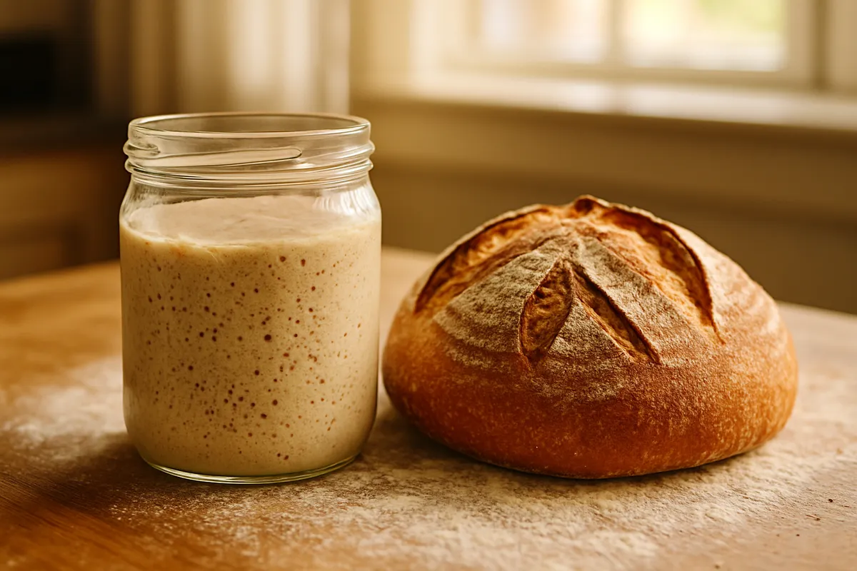 Bubbling sourdough starter in a glass jar beside a scored round loaf on a floured counter