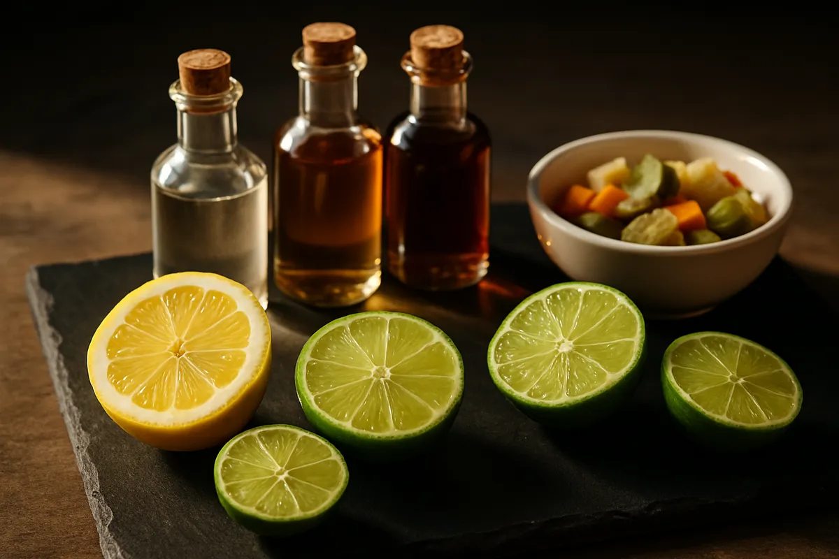 Halved lemons and limes on slate beside vinegar bottles and a dish of pickled vegetables