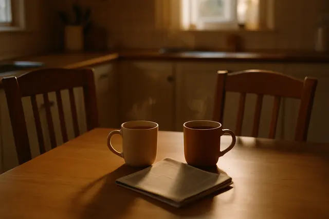 Two mugs of tea on a kitchen table with chairs pulled close in early morning light