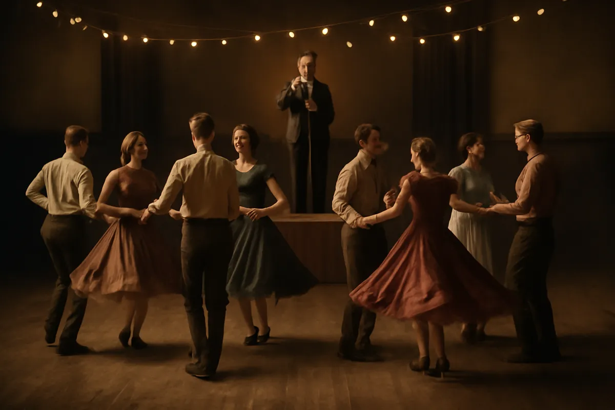 Four couples dancing in a square on a wooden hall floor with a caller at a microphone behind