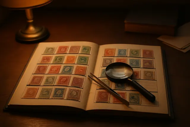 Open stamp album with mounted stamps, tongs and a magnifier resting on the page