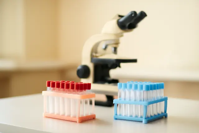Laboratory bench with sample racks and a microscope in soft focus