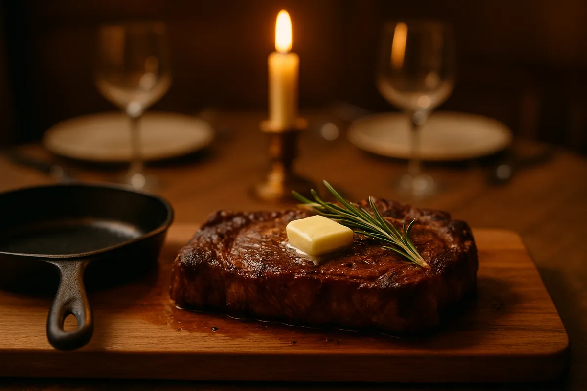 A seared steak with rosemary and butter on a wooden board beside a cast-iron skillet