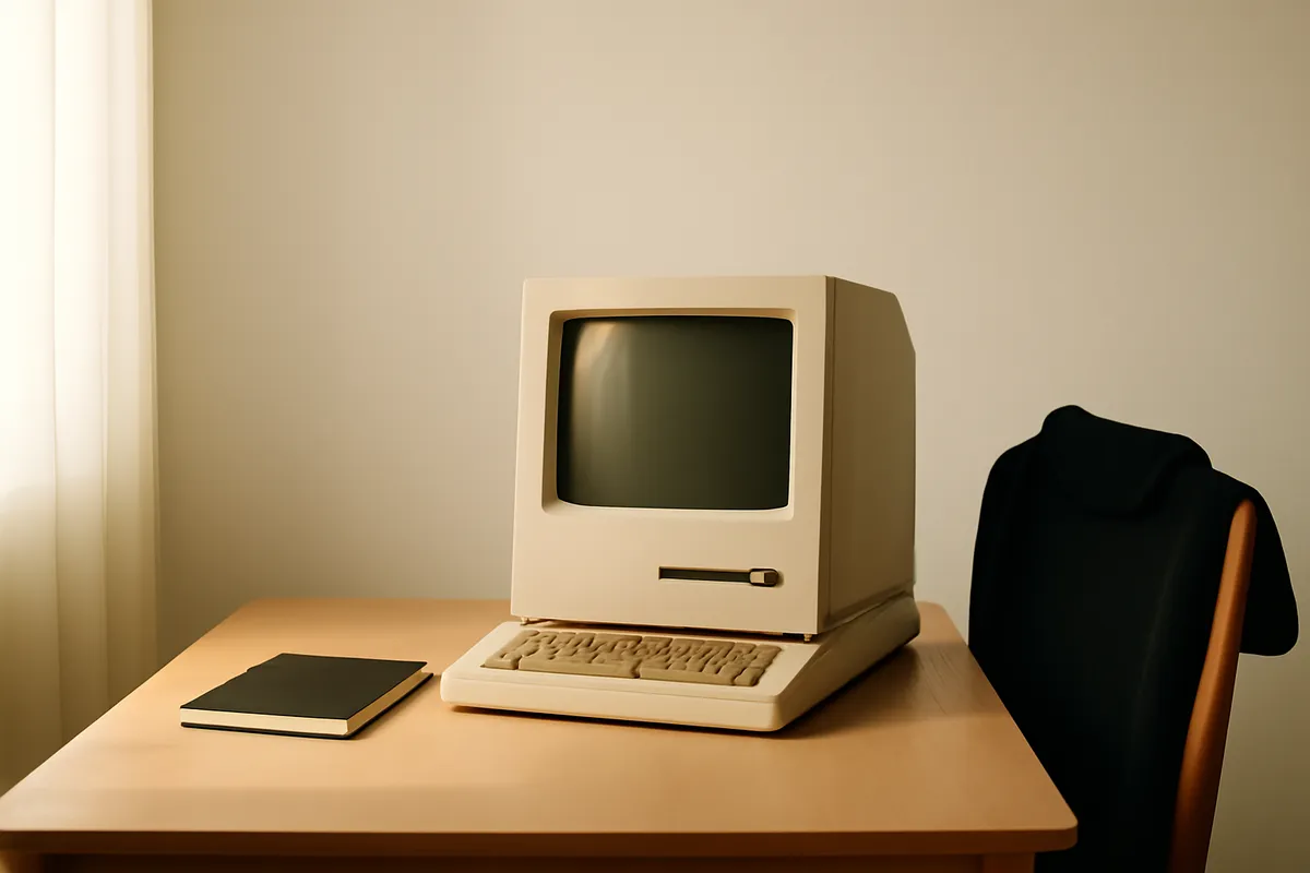 Minimalist desk with an early beige personal computer, notebook and folded black turtleneck