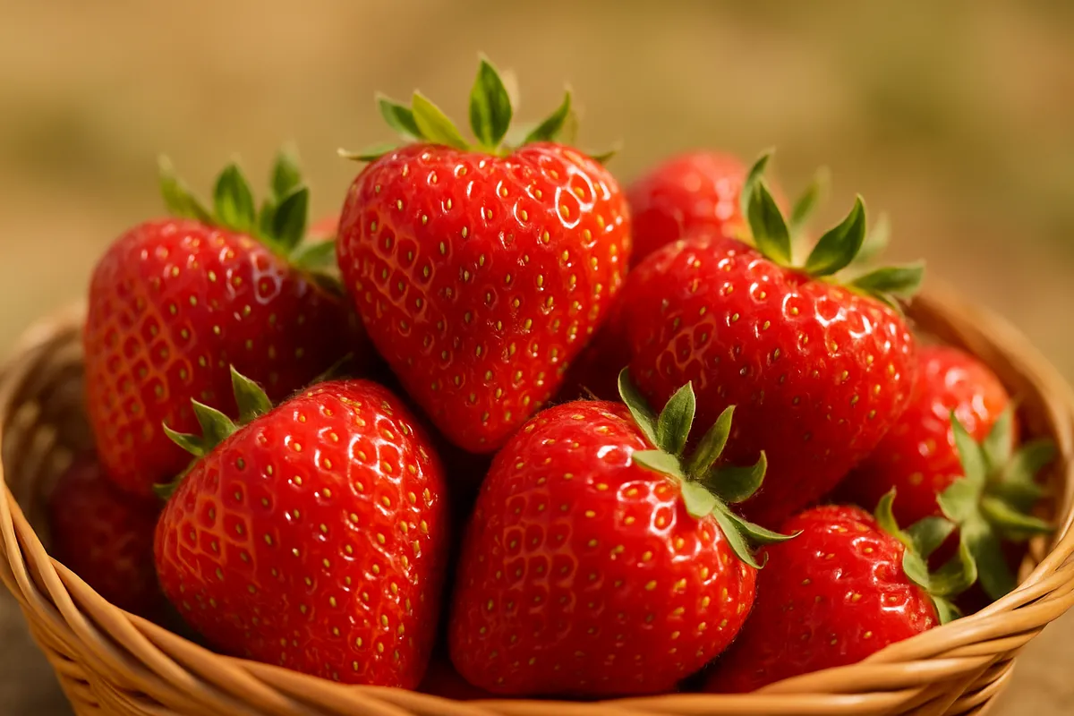 Close view of ripe strawberries in a basket with seed specks visible and hulls attached