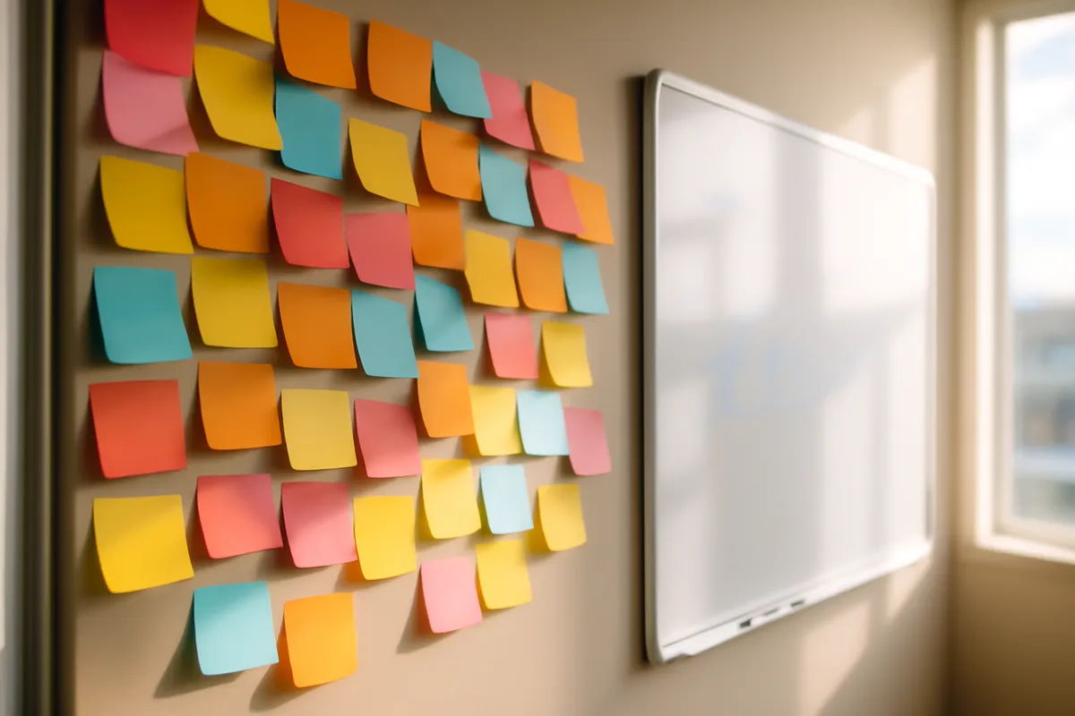 Wall of overlapping colored sticky notes beside a small whiteboard with indistinct marks
