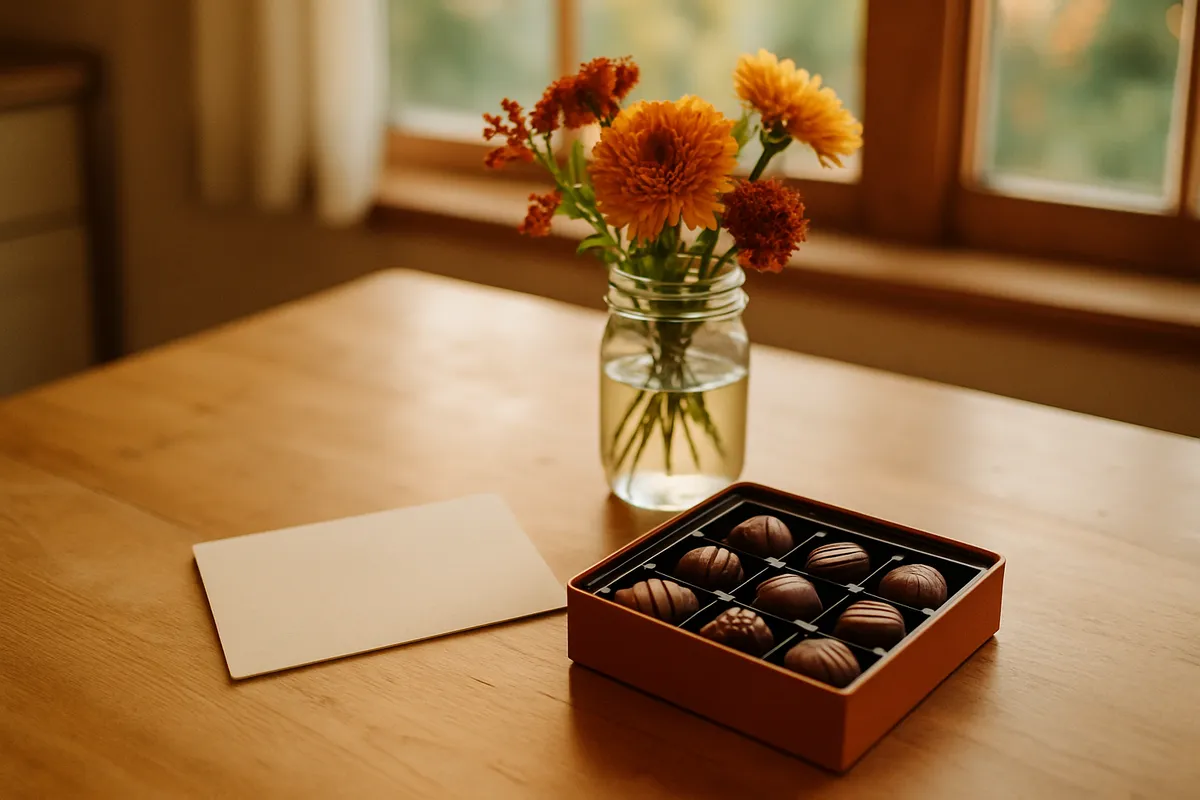 Open box of assorted chocolates beside a blank card and autumn flowers in a jar