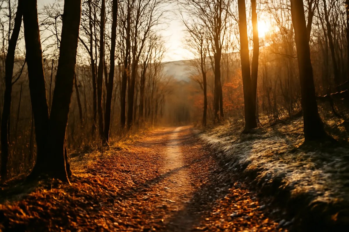 Narrow trail through bare autumn woodland with fallen leaves and low sun between trunks