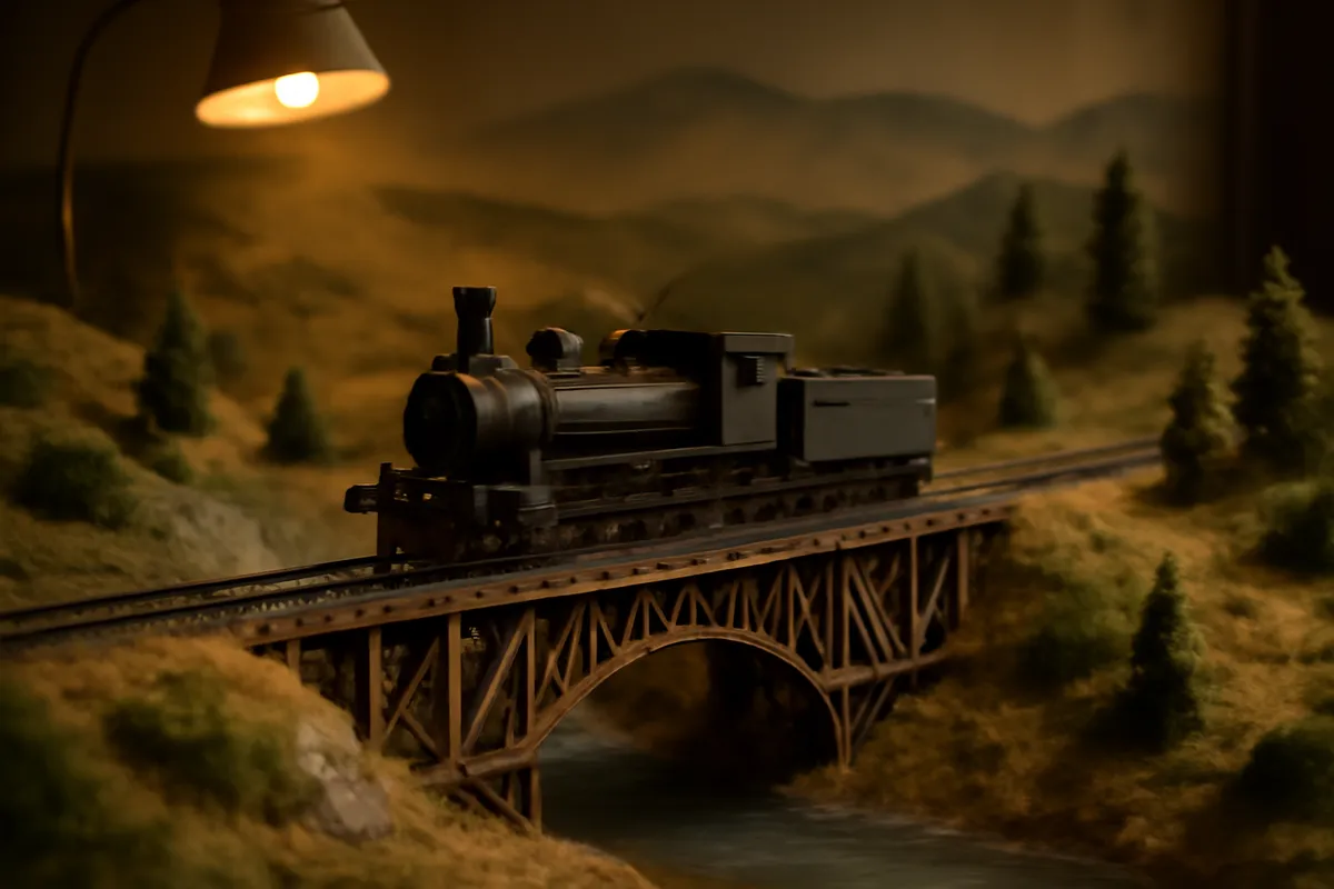 Model steam locomotive crossing a miniature wooden trestle bridge on a detailed layout