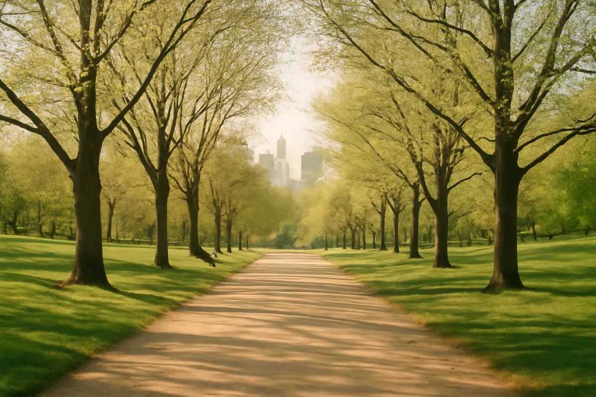 Tree-lined park path in early spring with a city skyline faintly visible beyond the canopy