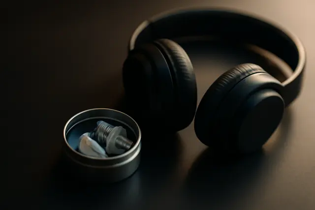 Translucent high-fidelity earplugs in a metal case beside over-ear headphones