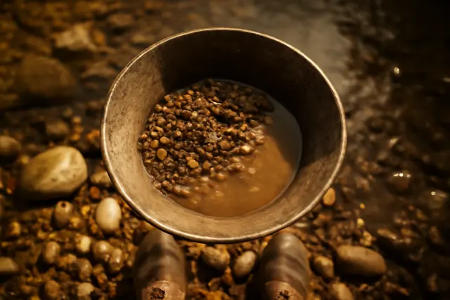 Battered metal gold pan of river gravel held above a shallow creek over stones