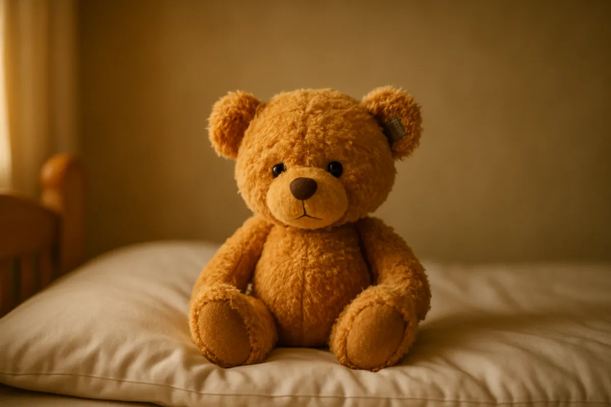 A well-loved teddy bear with a patched ear sitting on a pillow