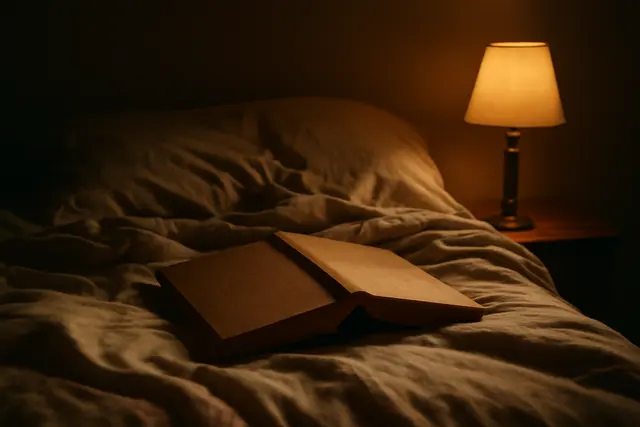Old cloth-bound storybook open face down on a child's bed beside a small lit lamp