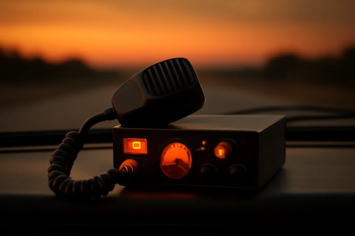 Vintage CB radio handset on a truck dashboard at dusk with an open highway ahead