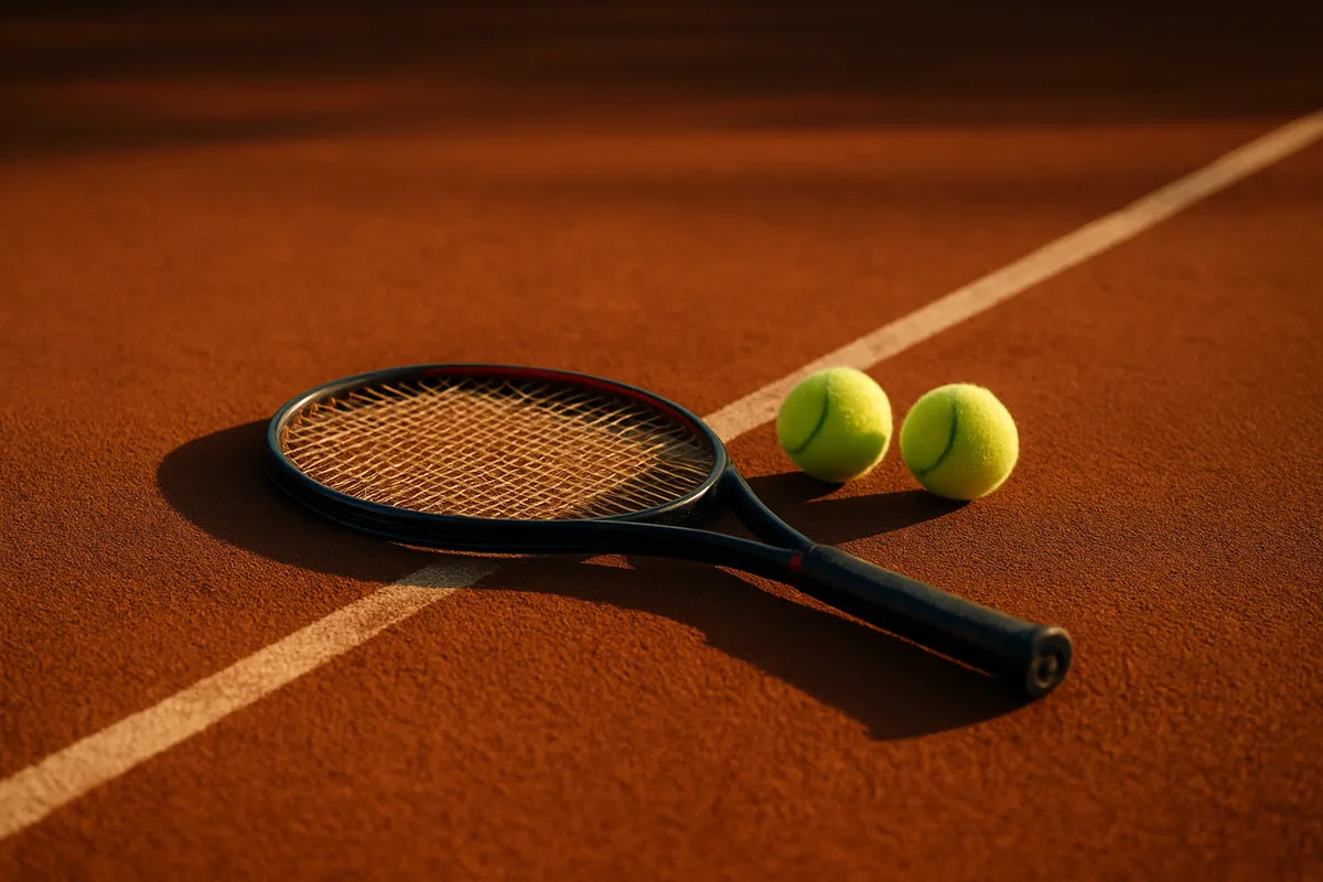 A tennis racket and two tennis balls on a clay court
