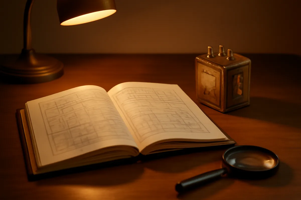 Open technical logbook on a desk beside an old relay component and a magnifying glass