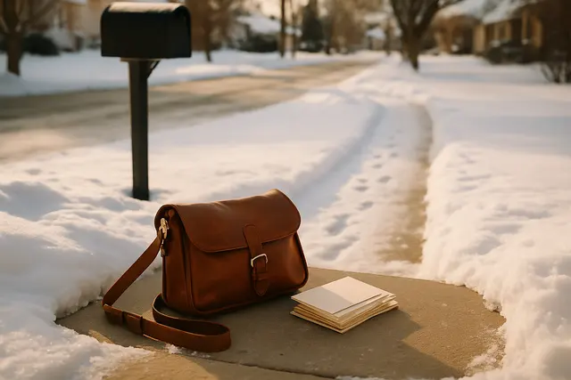 Mail satchel and bundle of envelopes on a snowy front step beside a cleared path