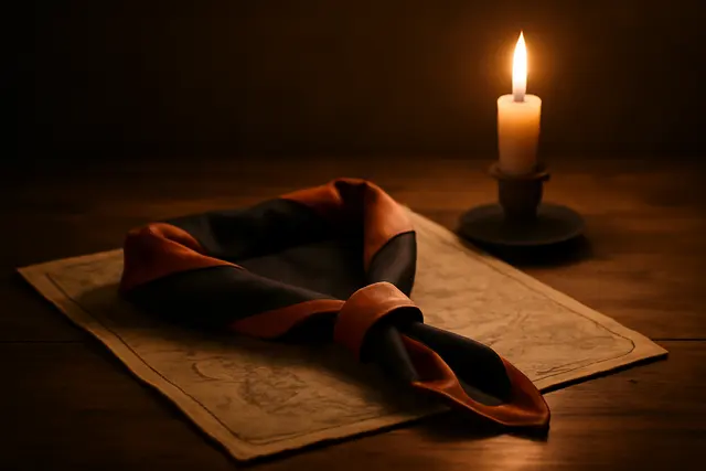 Folded neckerchief and woggle on a wooden table beside an old world map and a candle
